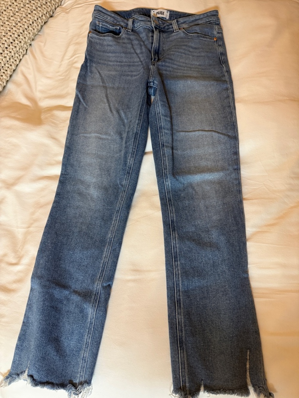 PAIGE Medium Blue Straight-Leg Jeans with Raw Hem